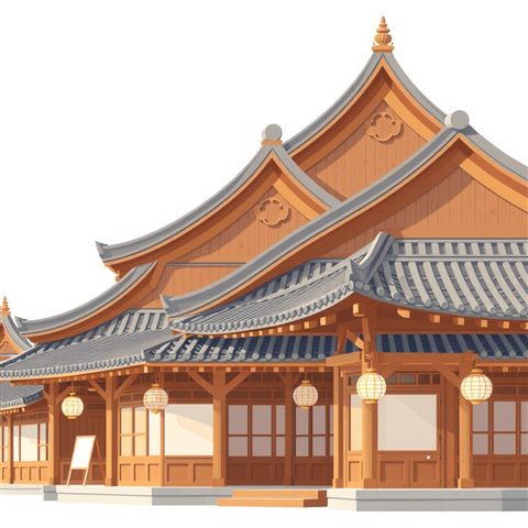 Minimal flat illustration of Traditional East Asian wooden pavilion architecture with curved tiled roofs and intricate eaves, close-up detail with shallow depth of field, soft pastel colors, bright and cozy, 1:1 aspect ratio