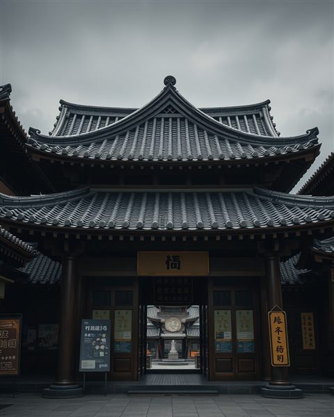 Photorealistic photo of Traditional East Asian wooden pavilion architecture with curved tiled roofs and intricate eaves, wide shot with open space at the top for text, moody dark tones, dramatic lighting, 4:5 aspect ratio