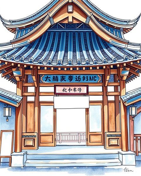 Watercolor illustration of Traditional East Asian wooden pavilion architecture with curved tiled roofs and intricate eaves, wide shot with open space at the top for text, cool blue tones, quiet atmosphere, 4:5 aspect ratio