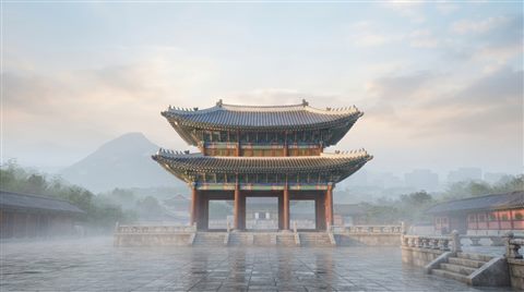 Soft 3D render of a grand traditional Korean palace gate with colorful dancheong patterns, wide shot with open space at the top for text, misty morning haze, dreamy, 16:9 aspect ratio