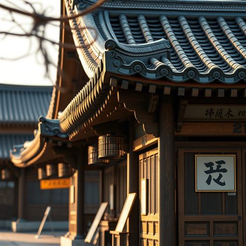 Photorealistic photo of Traditional East Asian wooden pavilion architecture with curved tiled roofs and intricate eaves, close-up detail with shallow depth of field, warm golden light, calm mood, 1:1 aspect ratio