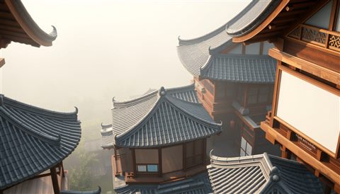 Soft 3D render of Traditional East Asian wooden pavilion architecture with curved tiled roofs and intricate eaves, high-angle view from above, misty morning haze, dreamy, 16:9 aspect ratio