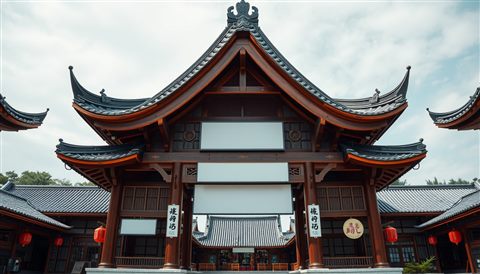 Cinematic film still of Traditional East Asian wooden pavilion architecture with curved tiled roofs and intricate eaves, centered subject with a simple uncluttered composition, vivid colors, high contrast, energetic, 16:9 aspect ratio