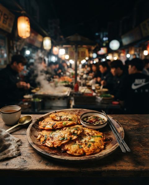Cinematic film still of golden Korean pancakes jeon on a wooden plate, wide shot with open space at the top for text, vivid colors, high contrast, energetic, 4:5 aspect ratio