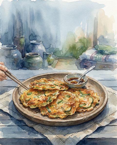 Watercolor illustration of golden Korean pancakes jeon on a wooden plate, wide shot with open space at the top for text, cool blue tones, quiet atmosphere, 4:5 aspect ratio