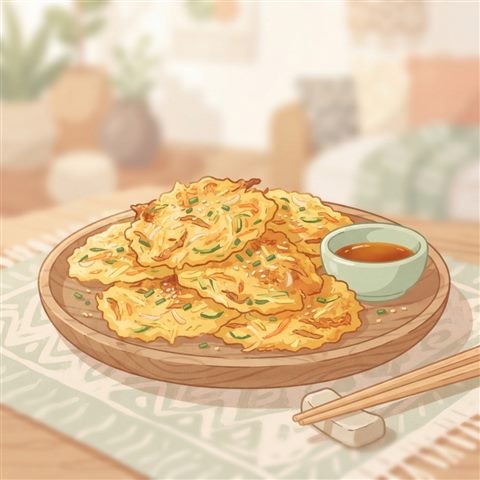 Minimal flat illustration of golden Korean pancakes jeon on a wooden plate, close-up detail with shallow depth of field, soft pastel colors, bright and cozy, 1:1 aspect ratio