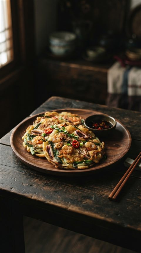 Photorealistic photo of golden Korean pancakes jeon on a wooden plate, centered subject with a simple uncluttered composition, moody dark tones, dramatic lighting, 9:16 aspect ratio