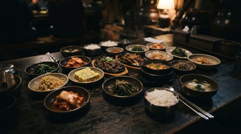 여러 가지 반찬이 차려진 한정식 상, 사실적인 사진, 가까이 담은 디테일, 얕은 심도, 어두운 톤, 극적인 조명, 16:9 비율
