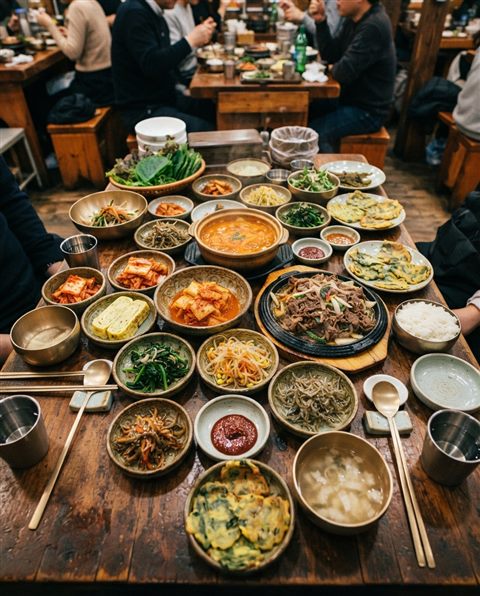 여러 가지 반찬이 차려진 한정식 상, 시네마틱 영화 장면, 위에서 내려다본 구도, 선명한 색감, 강한 대비, 생동감 있는 분위기, 4:5 비율