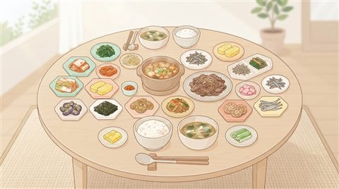여러 가지 반찬이 차려진 한정식 상, 미니멀 플랫 일러스트, 단순하고 깔끔한 구도 가운데 놓인 피사체, 부드러운 파스텔 색감, 밝고 포근한 분위기, 16:9 비율