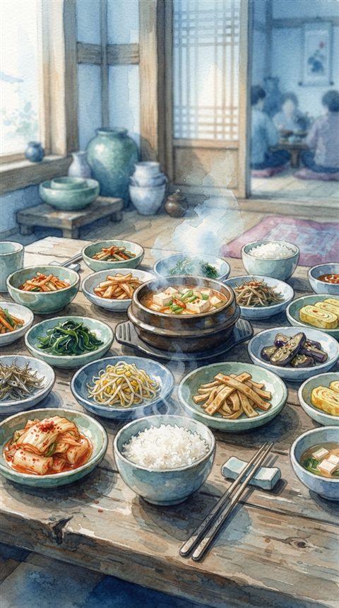 여러 가지 반찬이 차려진 한정식 상, 수채화 일러스트, 가까이 담은 디테일, 얕은 심도, 차가운 푸른 톤, 고요한 분위기, 9:16 비율