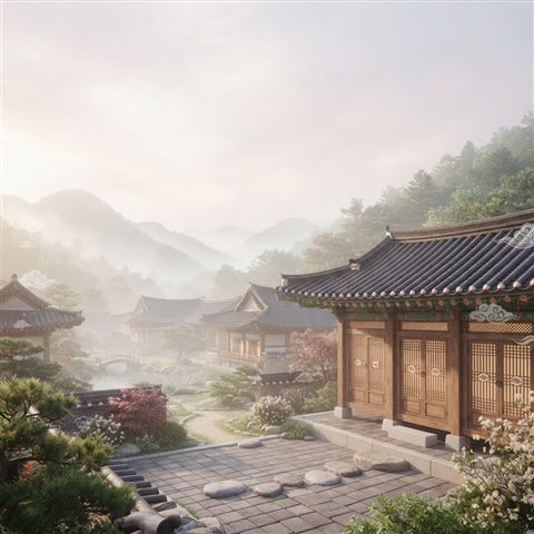 Soft 3D render of an elegant background with traditional Korean cloud and lattice patterns, wide shot with open space at the top for text, misty morning haze, dreamy, 1:1 aspect ratio