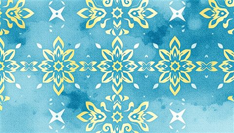 Watercolor illustration of An elegant seamless traditional geometric pattern in muted gold and ivory tones., close-up detail with shallow depth of field, cool blue tones, quiet atmosphere, 16:9 aspect ratio