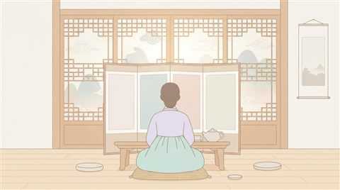 Minimal flat illustration of an elegant background with traditional Korean cloud and lattice patterns, centered subject with a simple uncluttered composition, soft pastel colors, bright and cozy, 16:9 aspect ratio