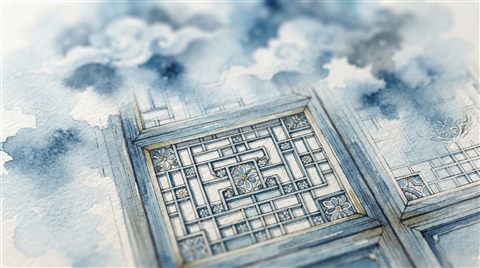 Watercolor illustration of an elegant background with traditional Korean cloud and lattice patterns, close-up detail with shallow depth of field, cool blue tones, quiet atmosphere, 16:9 aspect ratio