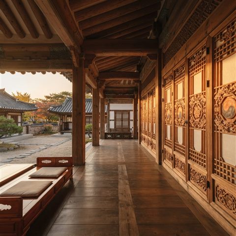 Photorealistic photo of an elegant background with traditional Korean cloud and lattice patterns, wide shot with open space at the top for text, warm golden light, calm mood, 1:1 aspect ratio