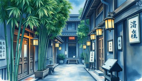 Watercolor illustration of A quiet traditional wooden alleyway with lush bamboo and stone lanterns in an old district., centered subject with a simple uncluttered composition, cool blue tones, quiet atmosphere, 16:9 aspect ratio