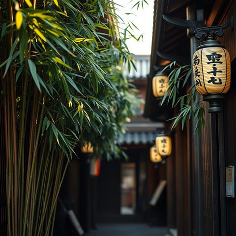 Photorealistic photo of A quiet traditional wooden alleyway with lush bamboo and stone lanterns in an old district., close-up detail with shallow depth of field, warm golden light, calm mood, 1:1 aspect ratio