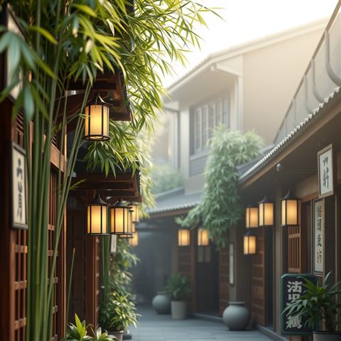 Soft 3D render of A quiet traditional wooden alleyway with lush bamboo and stone lanterns in an old district., close-up detail with shallow depth of field, misty morning haze, dreamy, 1:1 aspect ratio