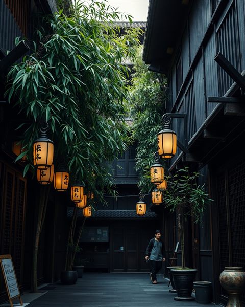 Photorealistic photo of A quiet traditional wooden alleyway with lush bamboo and stone lanterns in an old district., wide shot with open space at the top for text, moody dark tones, dramatic lighting, 4:5 aspect ratio