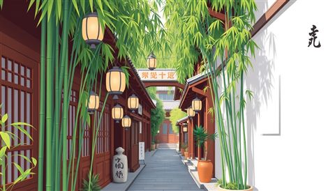 Minimal flat illustration of A quiet traditional wooden alleyway with lush bamboo and stone lanterns in an old district., high-angle view from above, soft pastel colors, bright and cozy, 16:9 aspect ratio
