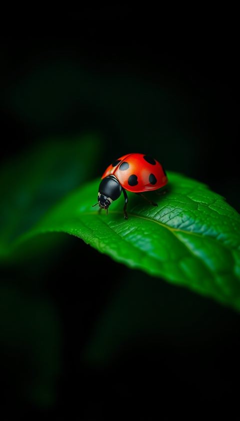 Photorealistic photo of A red ladybug with black spots resting delicately on a vibrant green leaf, wide shot with open space at the top for text, moody dark tones, dramatic lighting, 9:16 aspect ratio
