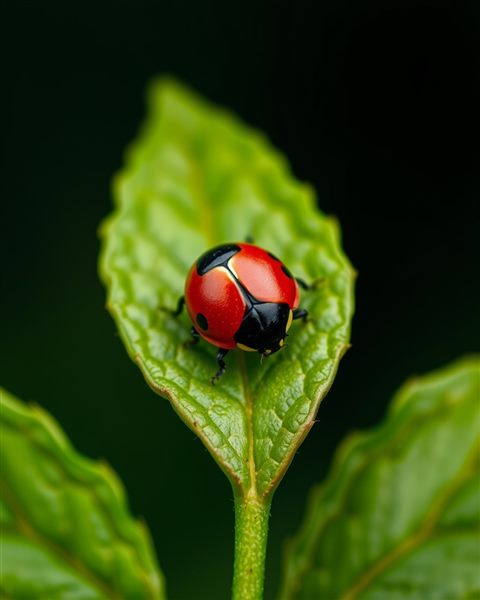Cinematic film still of A red ladybug with black spots resting delicately on a vibrant green leaf, centered subject with a simple uncluttered composition, vivid colors, high contrast, energetic, 4:5 aspect ratio