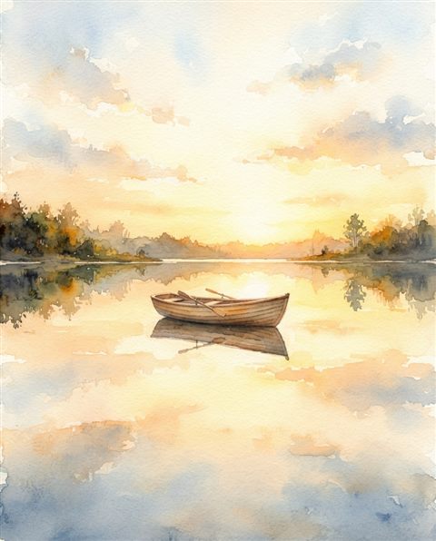 Watercolor illustration of calm lake reflecting the sky, centered subject with a simple uncluttered composition, warm golden light, calm mood, 4:5 aspect ratio