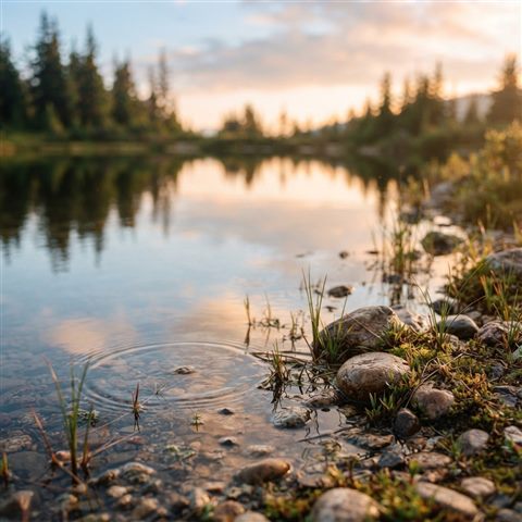 Photorealistic photo of calm lake reflecting the sky, close-up detail with shallow depth of field, warm golden light, calm mood, 1:1 aspect ratio