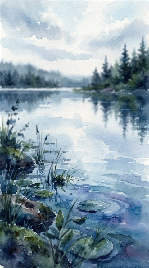 Watercolor illustration of calm lake reflecting the sky, close-up detail with shallow depth of field, cool blue tones, quiet atmosphere, 9:16 aspect ratio