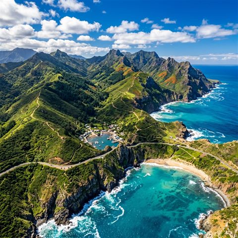 Photorealistic photo of beautiful natural landscape, high-angle view from above, vivid colors, high contrast, energetic, 1:1 aspect ratio