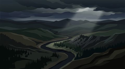 Minimal flat illustration of beautiful natural landscape, high-angle view from above, moody dark tones, dramatic lighting, 16:9 aspect ratio