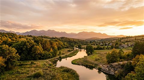 Photorealistic photo of beautiful natural landscape, wide shot with open space at the top for text, warm golden light, calm mood, 16:9 aspect ratio