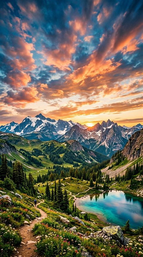 Cinematic film still of beautiful natural landscape, wide shot with open space at the top for text, vivid colors, high contrast, energetic, 9:16 aspect ratio