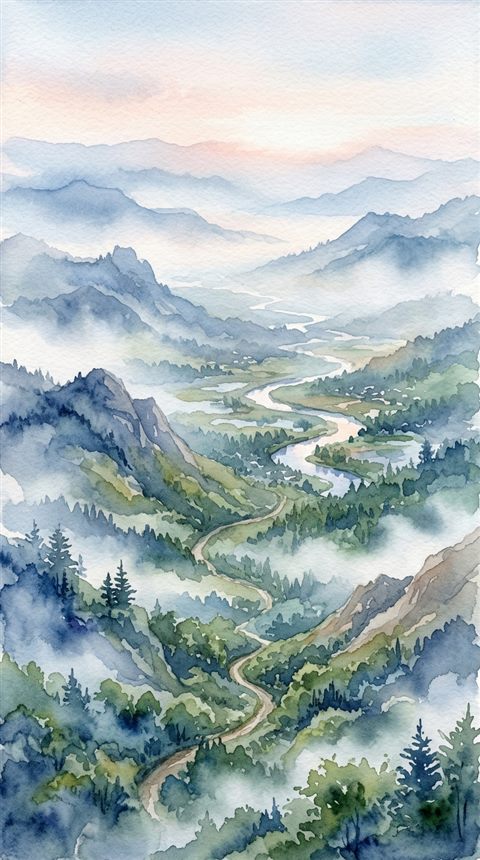 Watercolor illustration of beautiful natural landscape, high-angle view from above, misty morning haze, dreamy, 9:16 aspect ratio