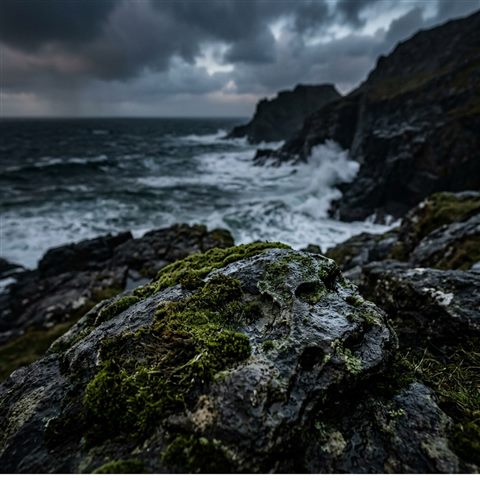 Photorealistic photo of beautiful natural landscape, close-up detail with shallow depth of field, moody dark tones, dramatic lighting, 1:1 aspect ratio