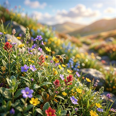 Soft 3d render of beautiful natural landscape, close-up detail with shallow depth of field, vivid colors, high contrast, energetic, 1:1 aspect ratio
