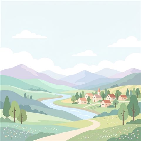Minimal flat illustration of beautiful natural landscape, wide shot with open space at the top for text, soft pastel colors, bright and cozy, 1:1 aspect ratio