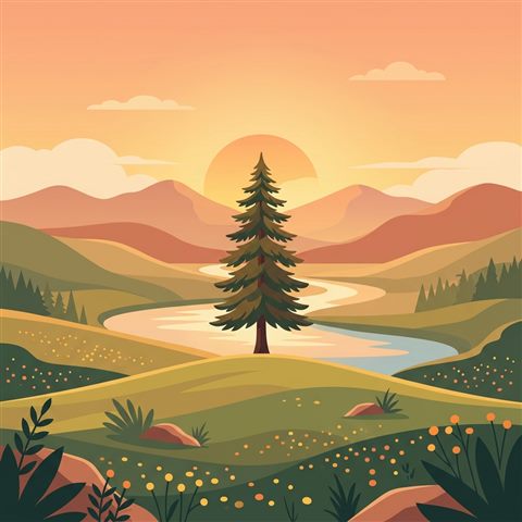 Minimal flat illustration of beautiful natural landscape, centered subject with a simple uncluttered composition, warm golden light, calm mood, 1:1 aspect ratio