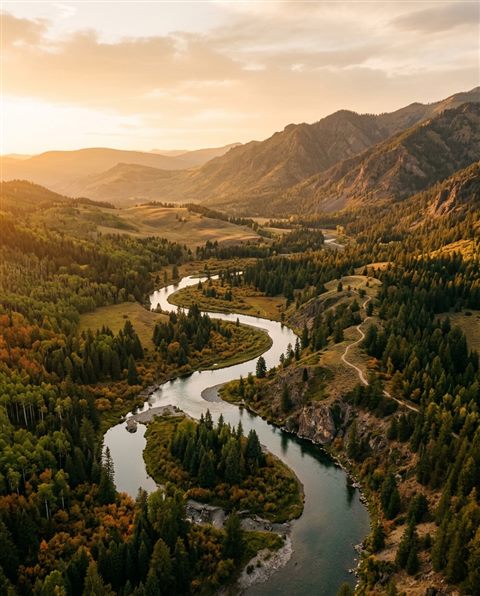 Cinematic film still of beautiful natural landscape, high-angle view from above, warm golden light, calm mood, 4:5 aspect ratio