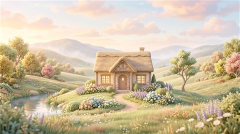 Soft 3d render of beautiful natural landscape, centered subject with a simple uncluttered composition, soft pastel colors, bright and cozy, 16:9 aspect ratio