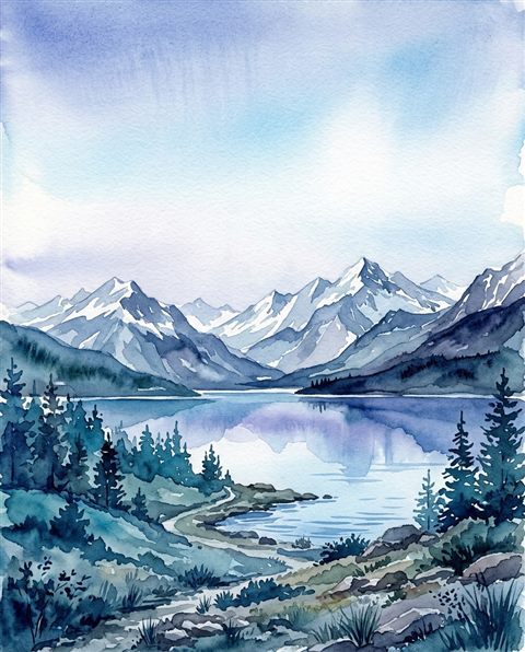 Watercolor illustration of beautiful natural landscape, wide shot with open space at the top for text, cool blue tones, quiet atmosphere, 4:5 aspect ratio