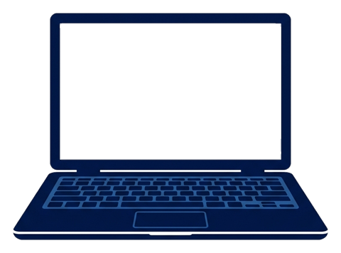 Flat vector icon, bold solid colors of an open laptop computer with a blank screen, transparent background PNG