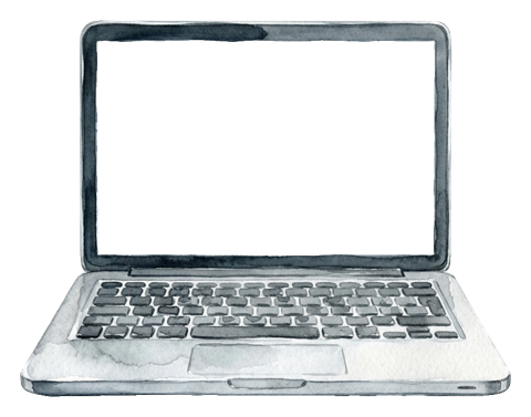 Watercolor illustration of an open laptop computer with a blank screen, transparent background PNG