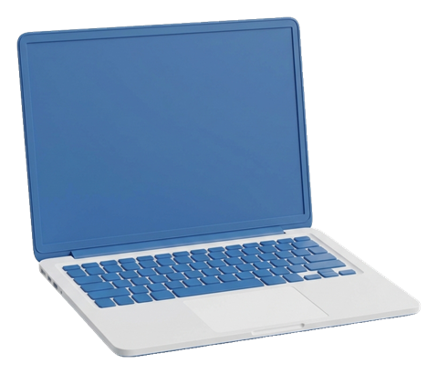 Matte 3D render, blue and white color scheme of an open laptop computer with a blank screen, transparent background PNG