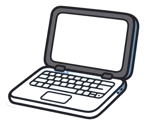 Cute sticker style with a thick dark outline of an open laptop computer with a blank screen, transparent background PNG