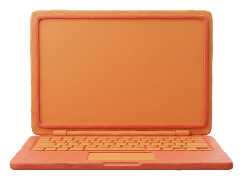 Clay 3D render, warm orange and coral tones of an open laptop computer with a blank screen, transparent background PNG