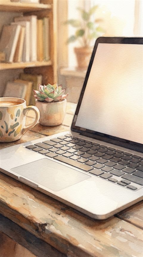 Watercolor illustration of laptop on a desk, close-up detail with shallow depth of field, warm golden light, calm mood, 9:16 aspect ratio