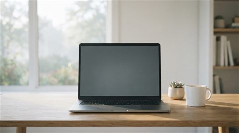 Photorealistic photo of laptop on a desk, centered subject with a simple uncluttered composition, misty morning haze, dreamy, 16:9 aspect ratio