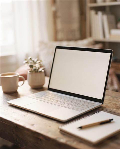 Cinematic film still of laptop on a desk, close-up detail with shallow depth of field, soft pastel colors, bright and cozy, 4:5 aspect ratio
